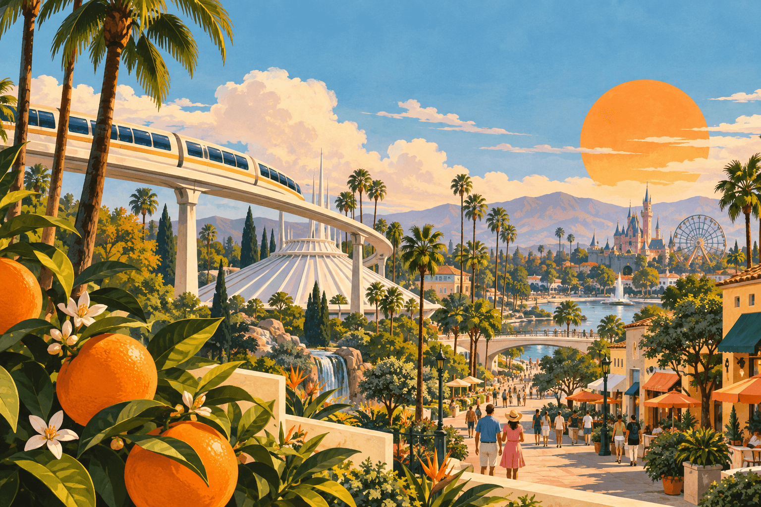 An imagined retro-future Anaheim, with citrus groves, palms, a curving monorail and a playful city skyline